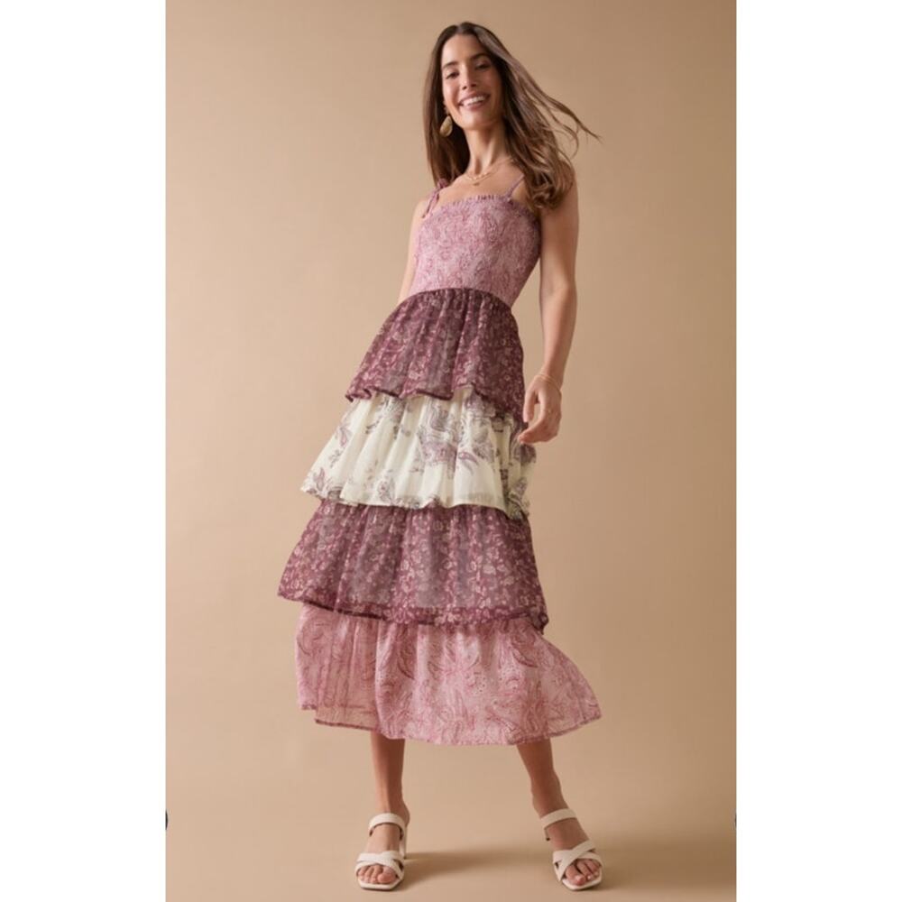 Francesca's Beverley Smock Top Tiered Midi Dress Floral Fairy Cottage Size Large